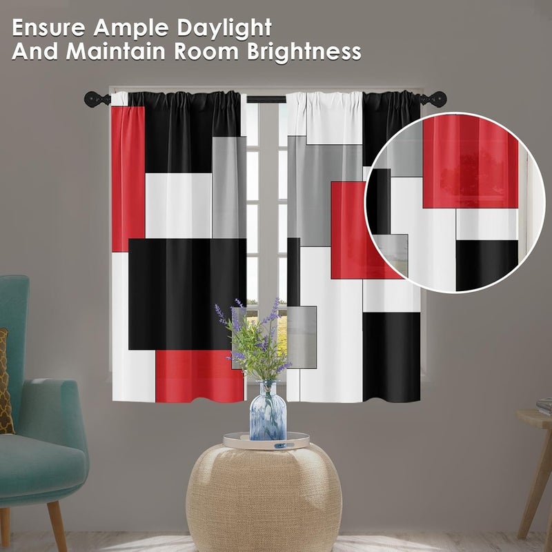 Tayney Red Kitchen Curtains 45 Inch Length Black Grey White Window Short Tier Curtains Over Sink Set of 2, Modern Abstract Geometric Art Kitchen Decor 42x45 Inch - Image 5